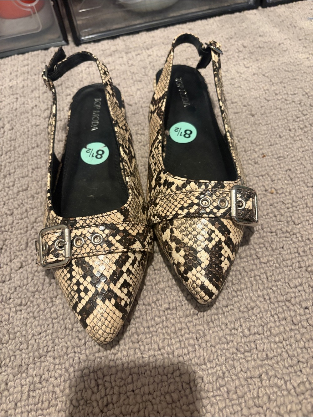 TOP MODA Black and Beige Snake-Print Pointed Slingback Flats with Buckle